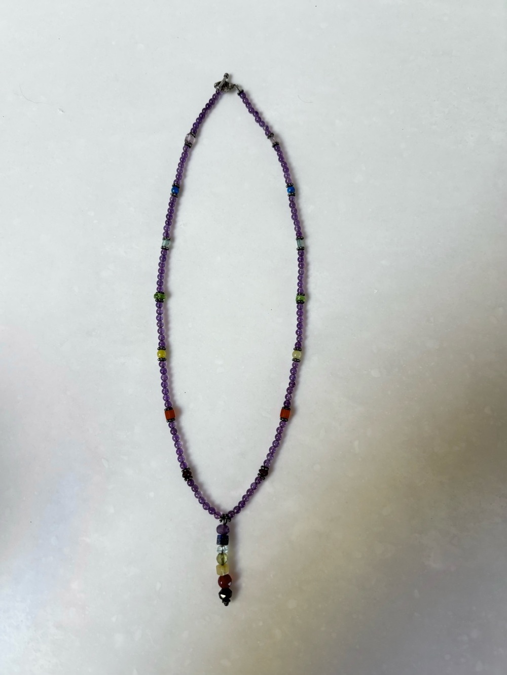 Amethyst Stone and Glass Beaded Pendant Necklace with Multicolor Accents